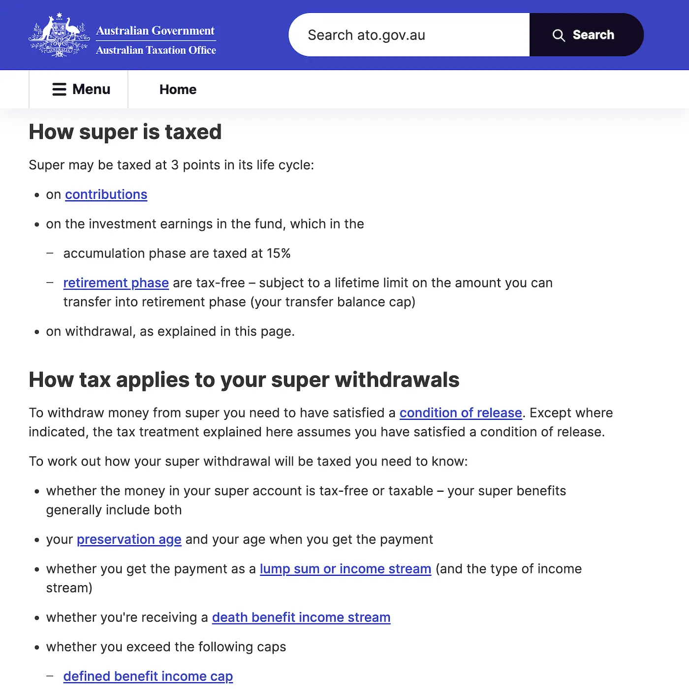 Screenshot of the ATO Tax website.